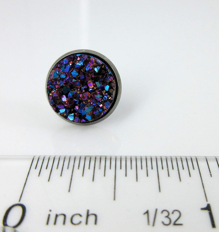 Hematite-tone Purple Pink and Teal Faux Druzy Stone Stud Earrings 12mm