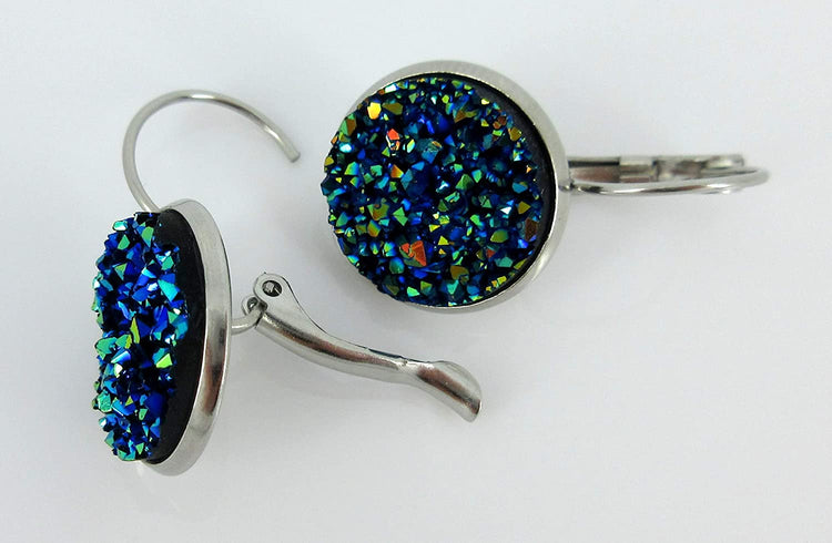 Stainless Steel Faux Druzy Stone Lever-back Drop Earrings 14mm