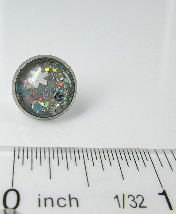 Stainless Steel Gray Snowfall Glitter Glass Stud Earrings Hand-painted 12mm