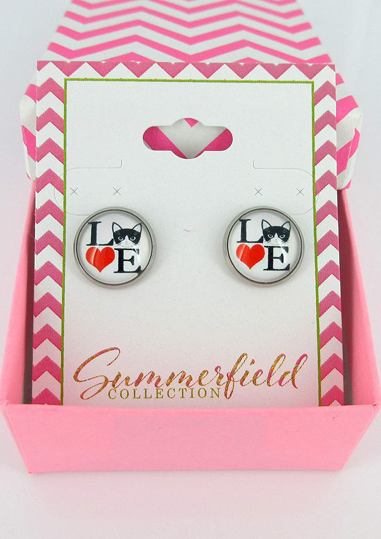 Stainless Steel Love Cats Print Glass Stud Earrings 12mm White Black Red