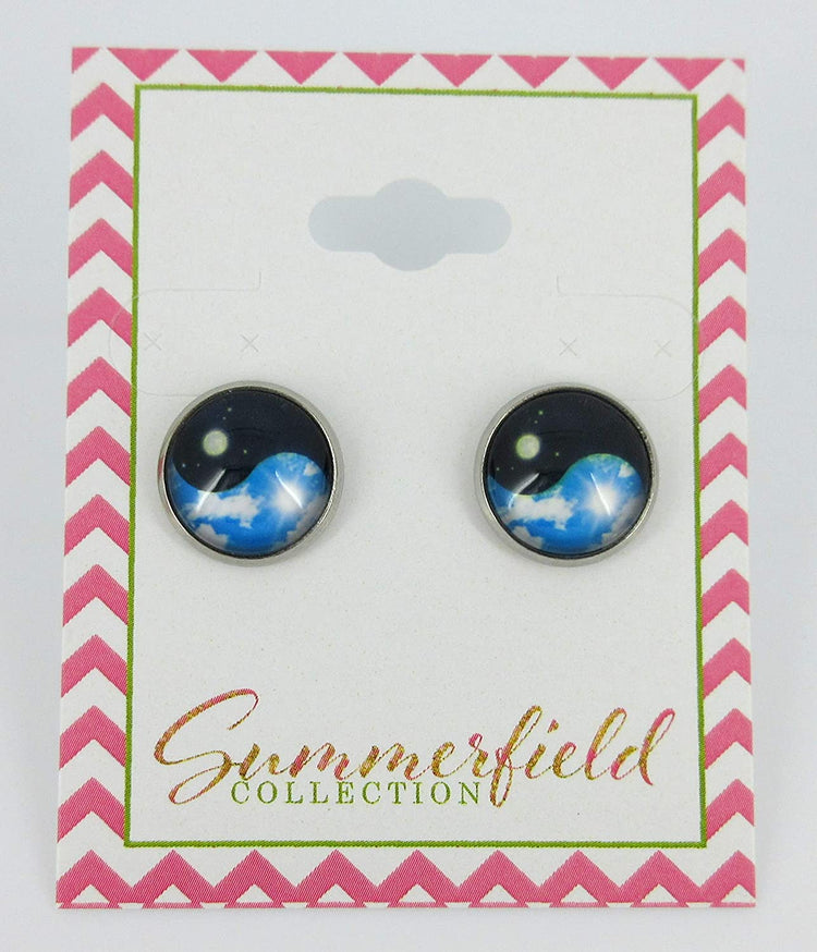 Stainless Steel Sky Blue and Black Day Night Yin Yang Print Glass Stud Earrings 12mm