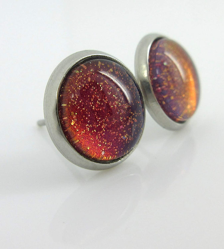 Stainless Steel Blue Red Purple and Gold Glitter Glass Stud Earrings Hand-painted 10mm