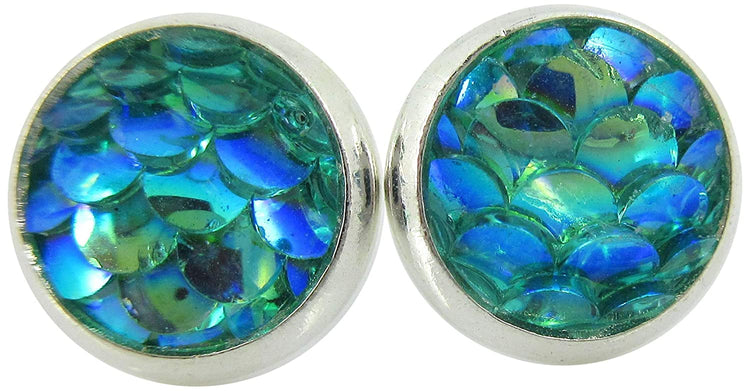 Silver-tone Aqua Blue Green Metallic Mermaid Scale Stud Earrings 8mm