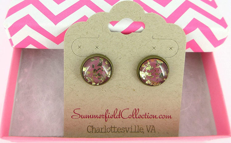 Antiqued Gold-tone Plum Berry Glitter Glass Stud Earrings 12mm Hand-painted