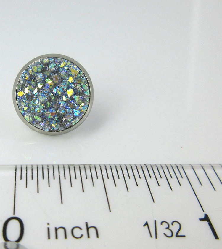 Stainless Steel Frost Blue Gray AB Glitter Faux Druzy Stone Stud Earrings 12mm