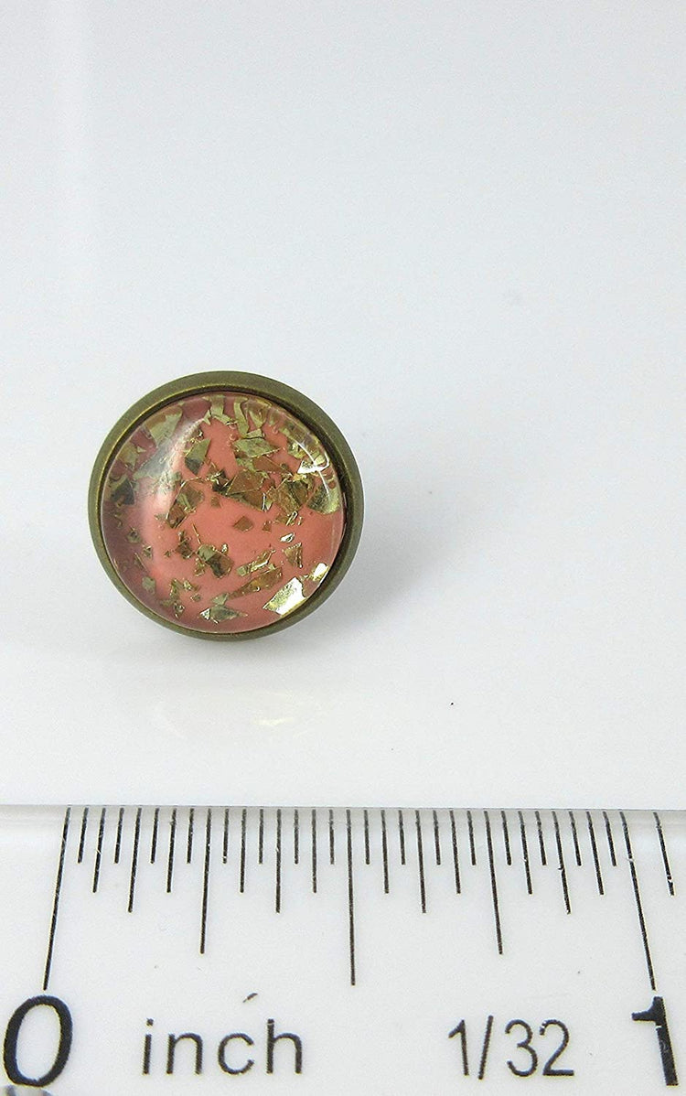 Antiqued Gold-tone Peach Glitter Glass Stud Earrings 12mm Hand-painted