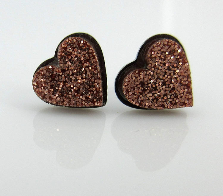 Stainless Steel Brown Rose Gold Glitter Acrylic Heart Stud Earrings 8mm