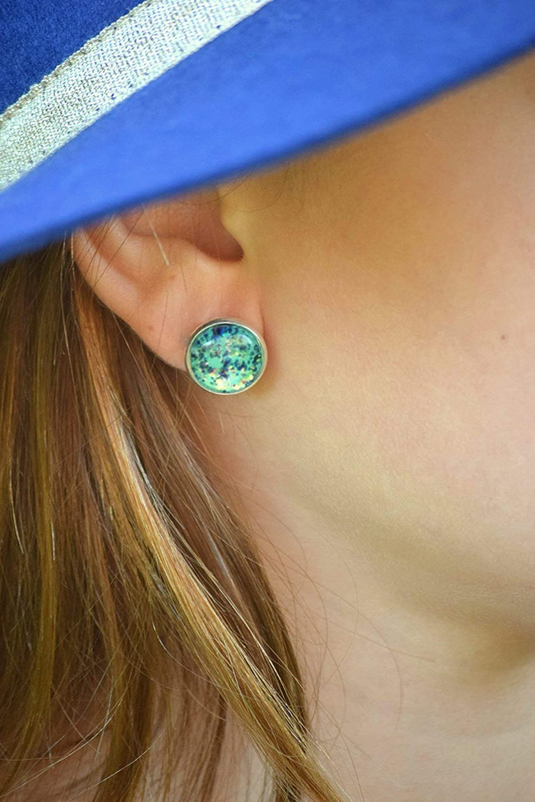 Silver-tone Mermaid Tail Glitter Glass Stud Earrings Hand-painted 12mm