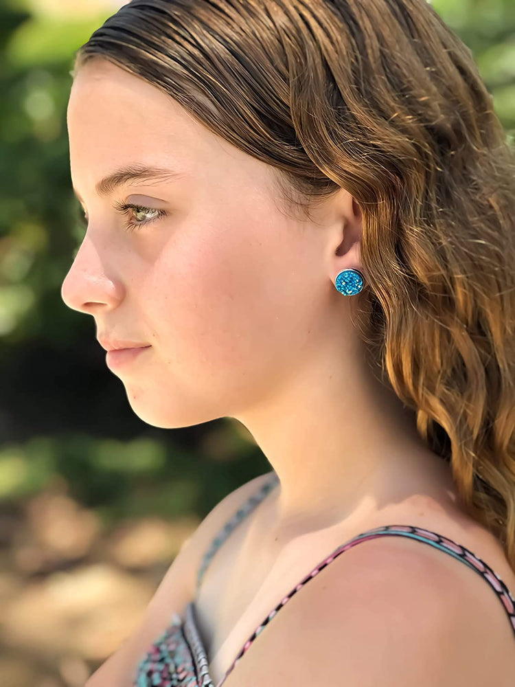 Trio Silver-tone White AB Blue Stud Earrings 12mm Faux Druzy Stone Set