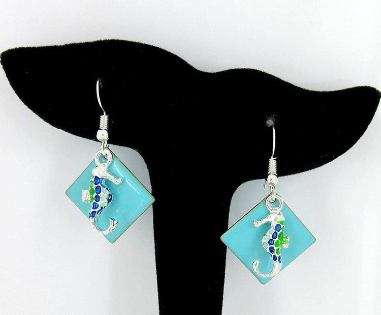 Silver-tone Blue Enamel Seahorse Charm Dangle Earrings
