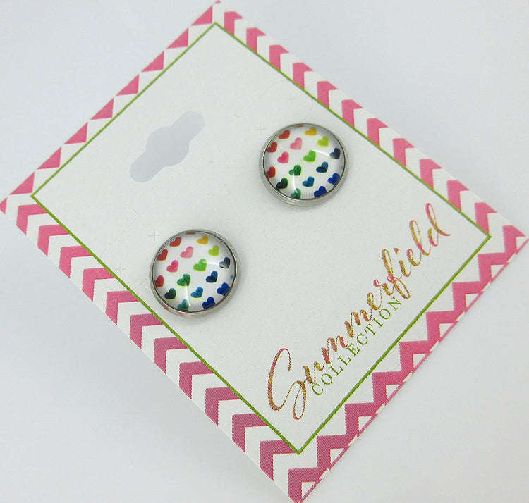Stainless Steel Rainbow Multi Heart Print Glass Stud Earrings 12mm White Red