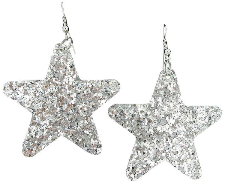 Glitter Faux Leather Large Star Dangle Earrings