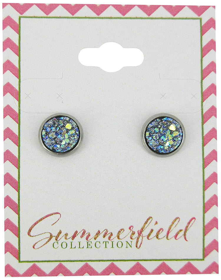 Stainless Steel Frost Blue Gray AB Glitter Faux Druzy Stone Stud Earrings 8mm