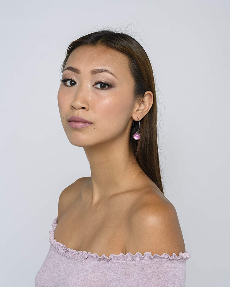 Stainless Steel Pink and Silver Glitter Glass Charm Hoop Earrings Hand-painted 1"