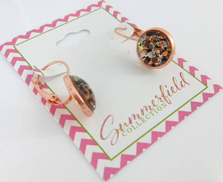 Rose Gold-Tone Pearly Silver and Black Glitter Glass Drop Earrings