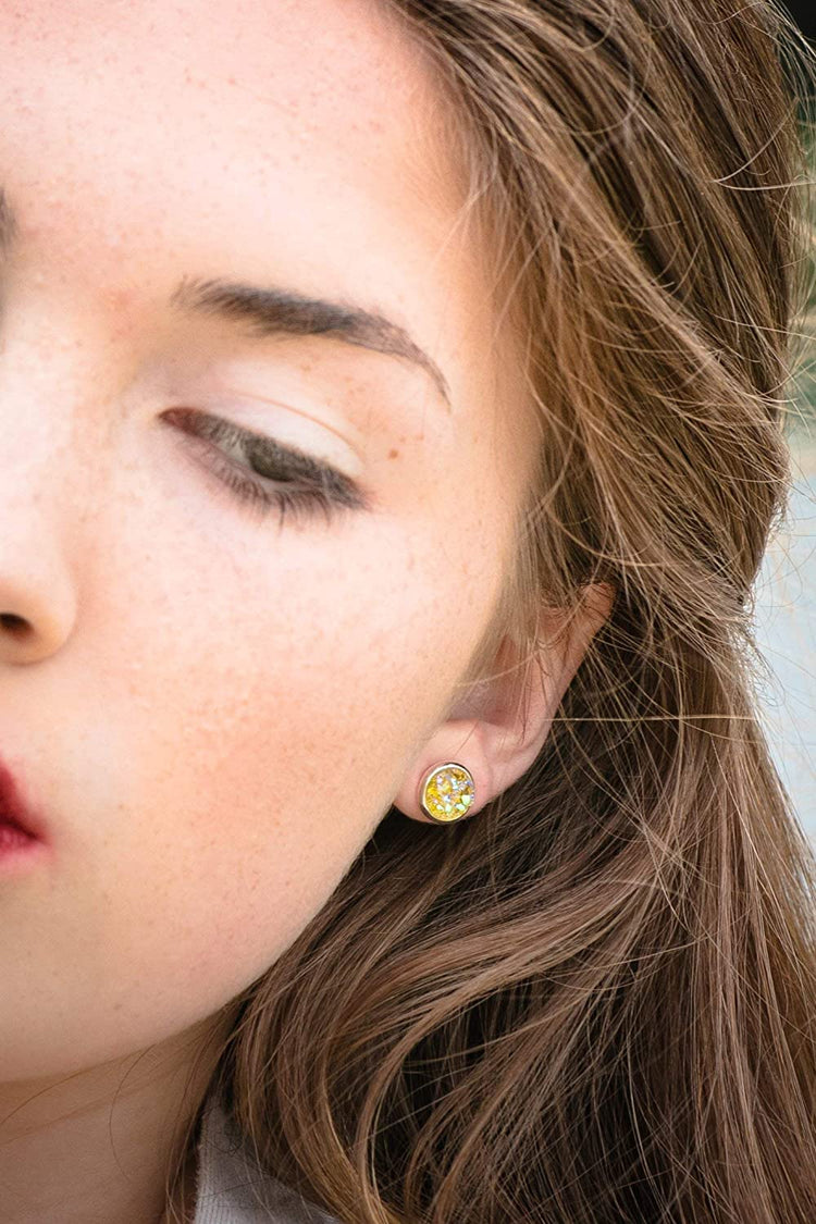 Silver-tone Yellow AB Faux Druzy Stone Stud Earrings 8mm