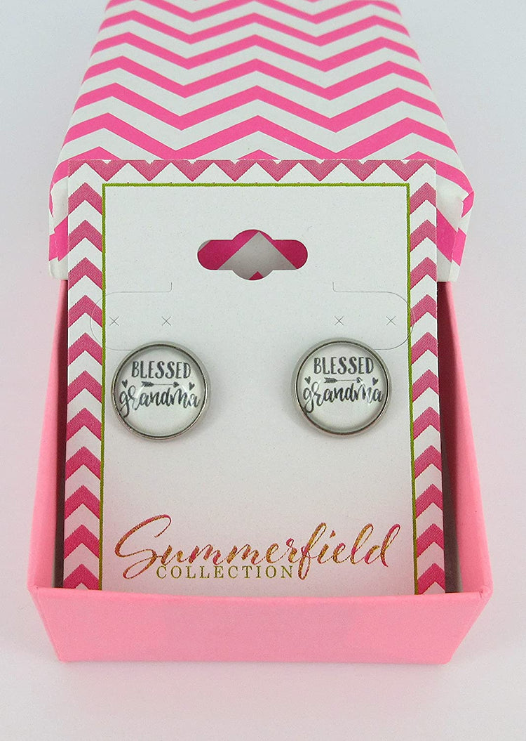 Stainless Steel Blessed Grandma Print Glass Stud Earrings 12mm