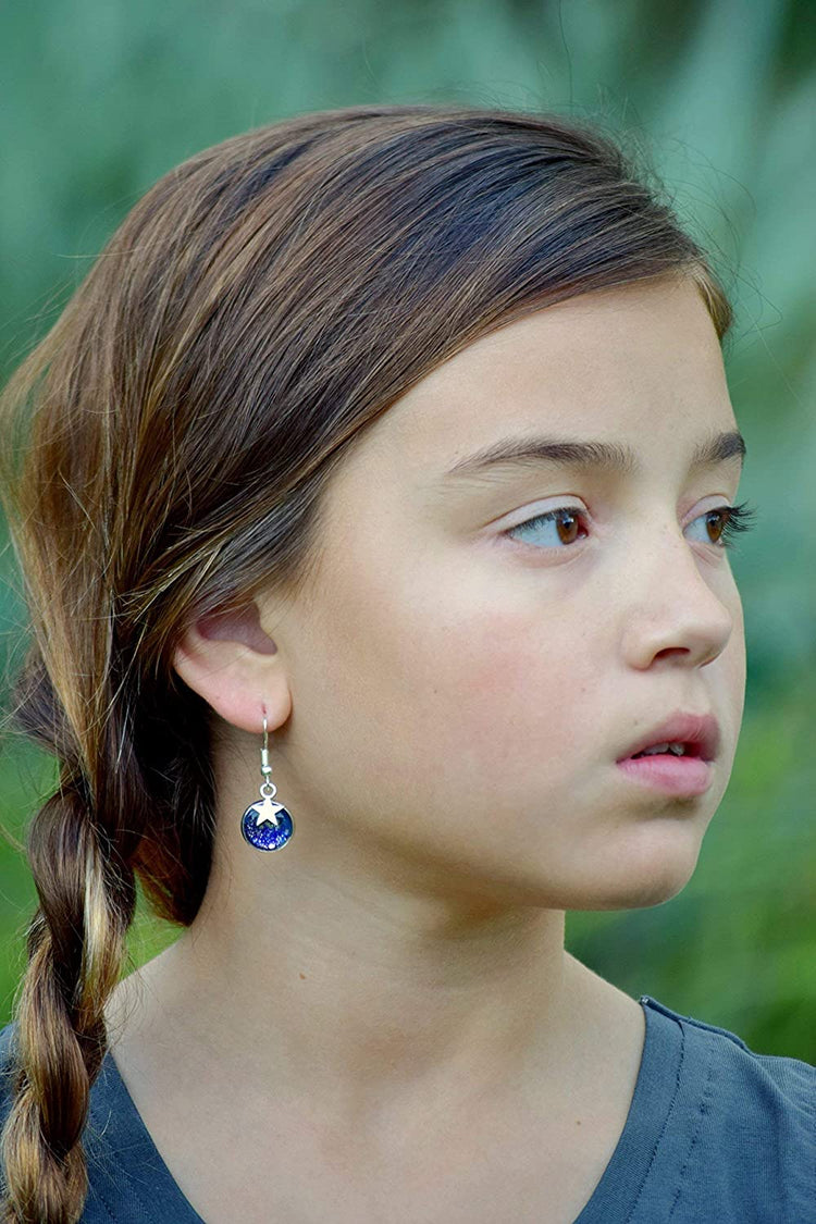 Silver-tone Glitter Glass Star Charm Galaxy Dangle Earrings Blue Purple Teal Hand-painted