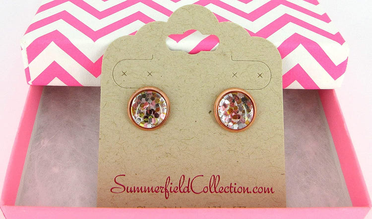 Rose Gold-tone Pearly Silver and 5 Metal Glitter Glass Stud Earrings Hand-painted 10mm