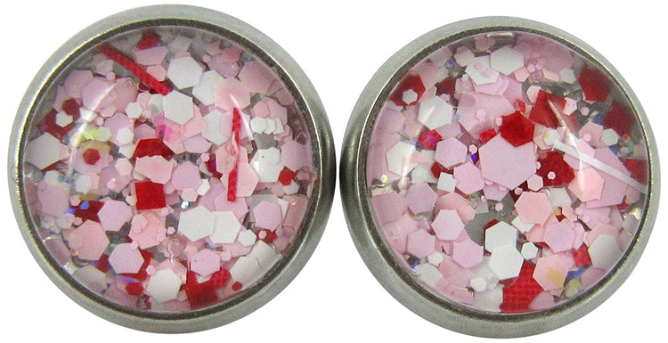 Stainless Steel Pink White Red Glitter Glass Stud Earrings Hand-painted 10mm
