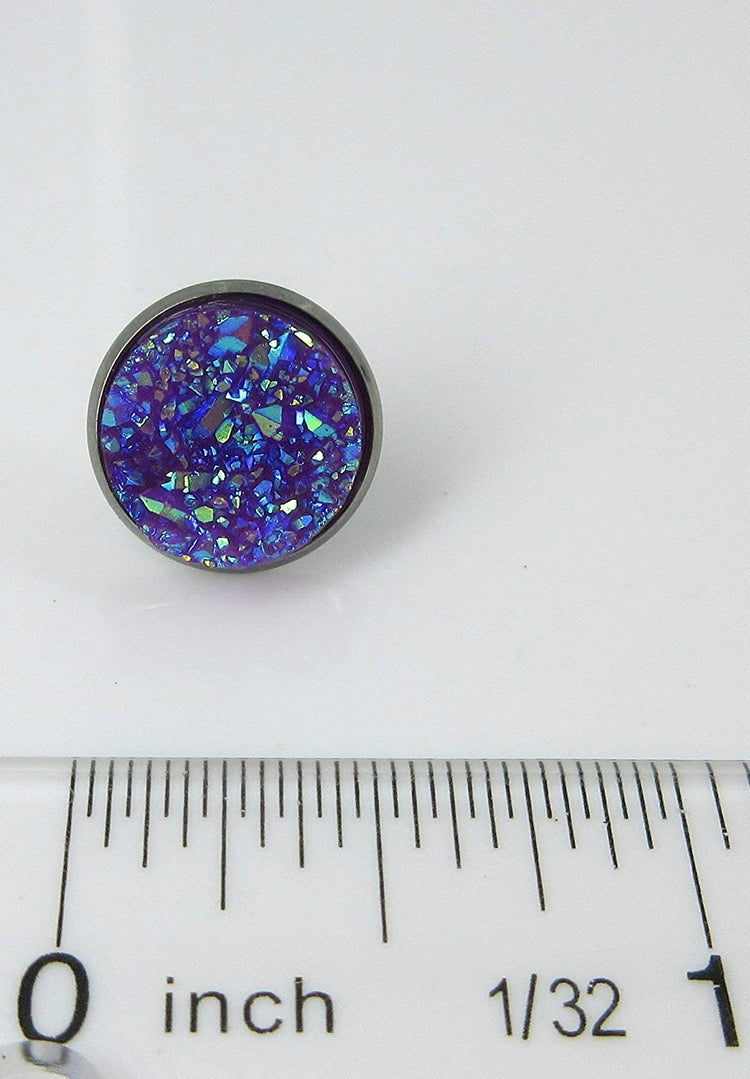 Hematite-tone Purple Faux Druzy Stone Stud Earrings 12mm