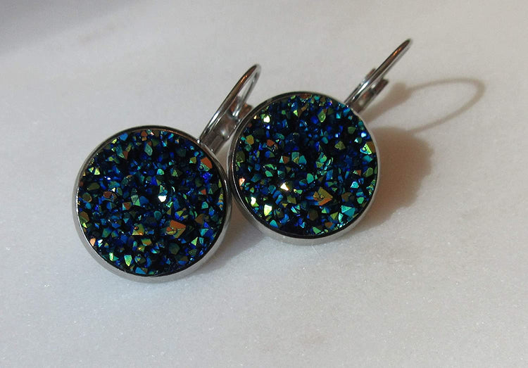 Stainless Steel Faux Druzy Stone Lever-back Drop Earrings 14mm