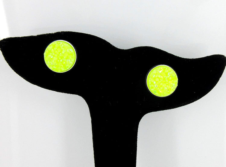 Silver-tone Neon Yellow AB Faux Druzy Stone Stud Earrings 12mm