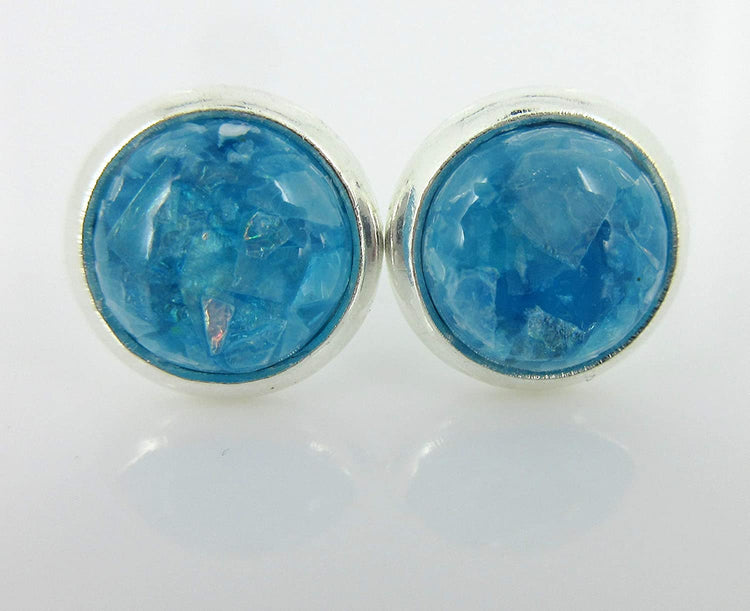 Shiny Silver-tone Aqua Blue and Opalescent Leaf Resin Stud Earrings 8mm