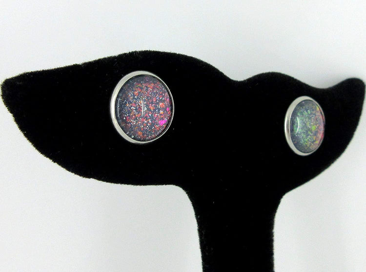 Stainless Steel Gray and Rainbow Holographic Glitter Glass Stud Earrings Hand-painted 12mm