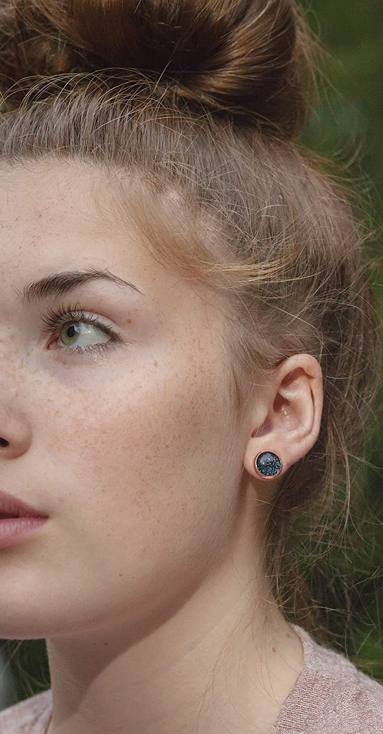 Rose Gold-tone Black and Holographic Flake Glitter Glass Stud Earrings Hand-painted 10mm