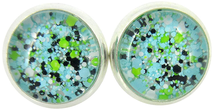 Silver-tone Blue Black Green White Glitter Glass Stud Earrings Hand-painted 10mm