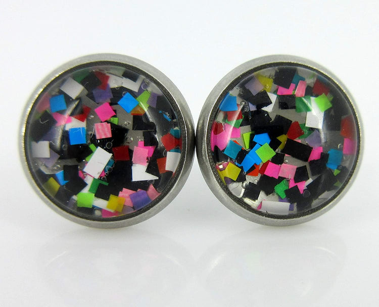 Stainless Steel Pixel Party Glitter Glass Stud Earrings Hand-painted 10mm