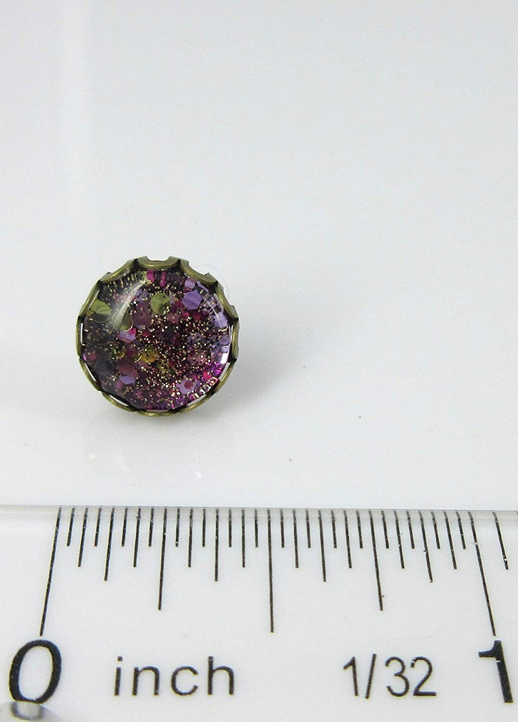 Antiqued Gold-tone Purple Glitter Glass Stud Earrings Hand-painted 10mm