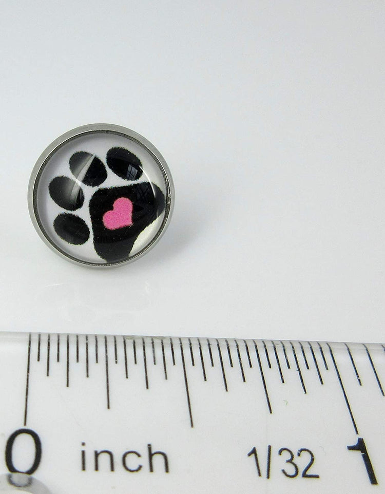 Stainless Steel Black and White Paw Print Pink Heart Glass Stud Earrings 12mm