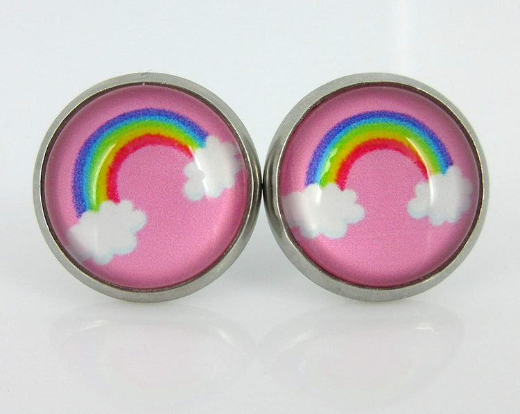 Stainless Steel Rainbow of Possibilities Trio Stud Earrings Set Faux Druzy Glass