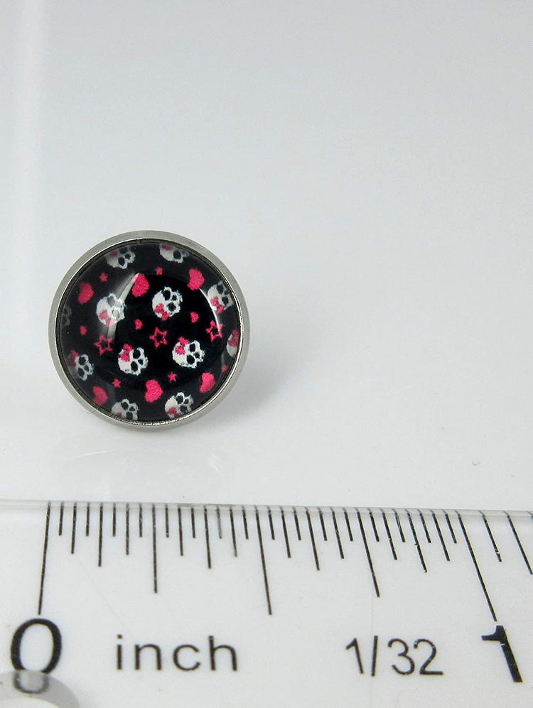 Stainless Steel Neon Pink Black White Skull Print Glass Stud Earrings 12mm