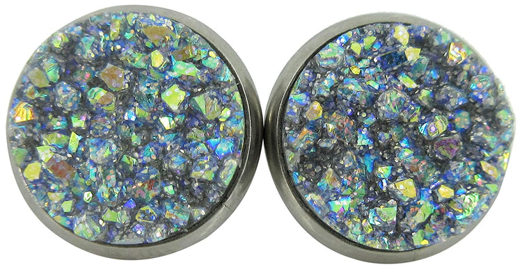 Stainless Steel Frost Blue Gray AB Glitter Faux Druzy Stone Stud Earrings 12mm