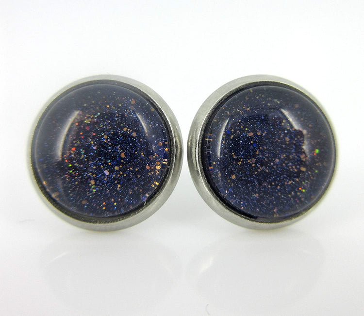 Stainless Steel Dark Purple and Gold Glitter Glass Stud Earrings Hand-painted 10mm