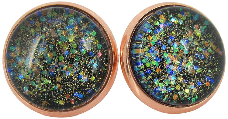 Rose Gold-tone Black Iridescent Glitter Glass Galaxy Stud Earrings Hand-painted 12mm
