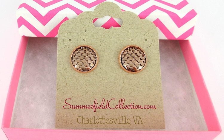Rose Gold-tone Metallic Dragon Scale Stud Earrings 12mm Mermaid