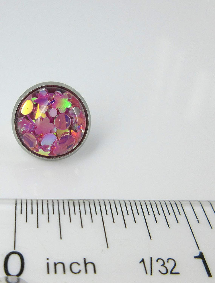 Stainless Steel Glitter Resin Globe Stud Earrings 12mm Magenta