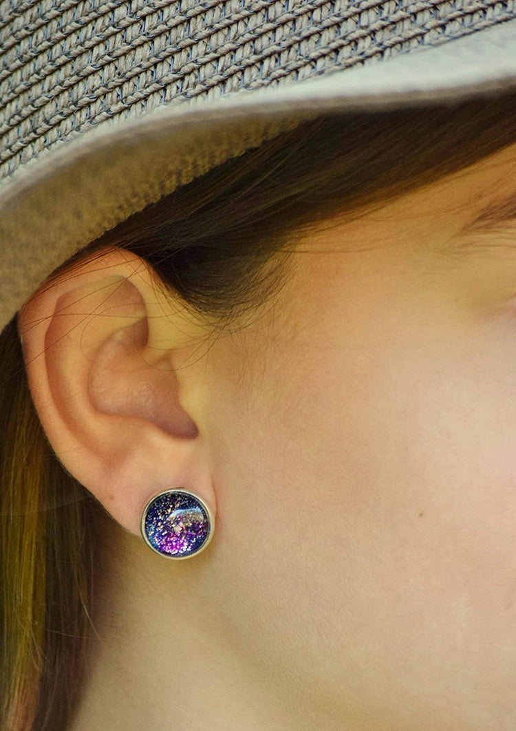 Silver-tone Glitter Glass Galaxy 12mm Stud Earrings Blue Purple Teal