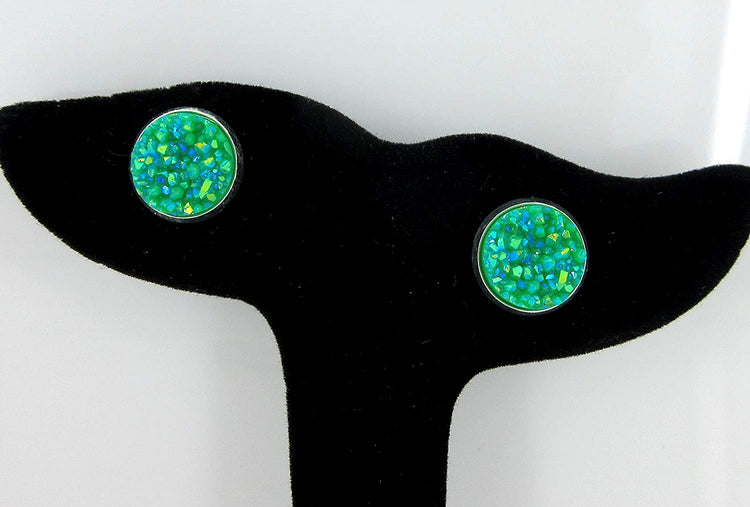 Peaches and Green Trio Silver-tone Stud Earrings 12mm Nude Coral AB Faux Druzy Stone Set