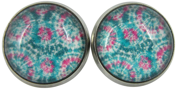 Stainless Steel Aqua Blue Pink Green Tie Dye Print Glass Stud Earrings 12mm