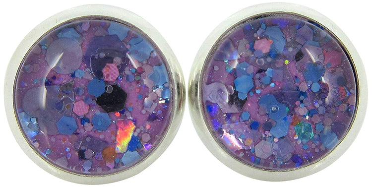 Silver-tone Purple Unicorn Mix Glitter Glass Stud Earrings Hand-painted 10mm