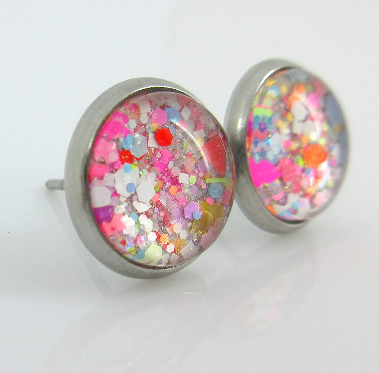 Stainless Steel Happy Confetti Glitter Glass Stud Earrings Hand-painted 10mm