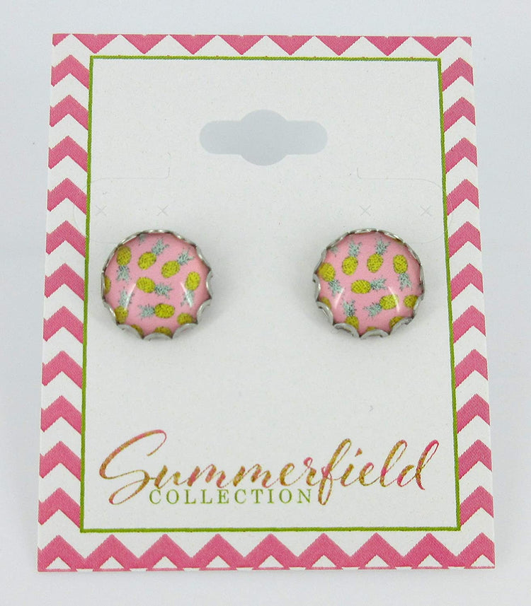 Stainless Steel Pink Pineapple Print Glass Stud Earrings 12mm