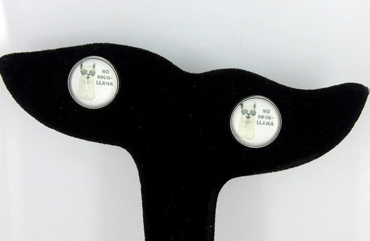 Stainless Steel No Prob Llama Print Glass Stud Earrings 12mm