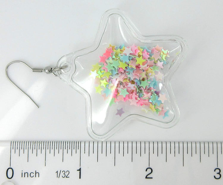 Multi Color Confetti Glitter Shaker Large Star Dangle Earrings Stainless Steel