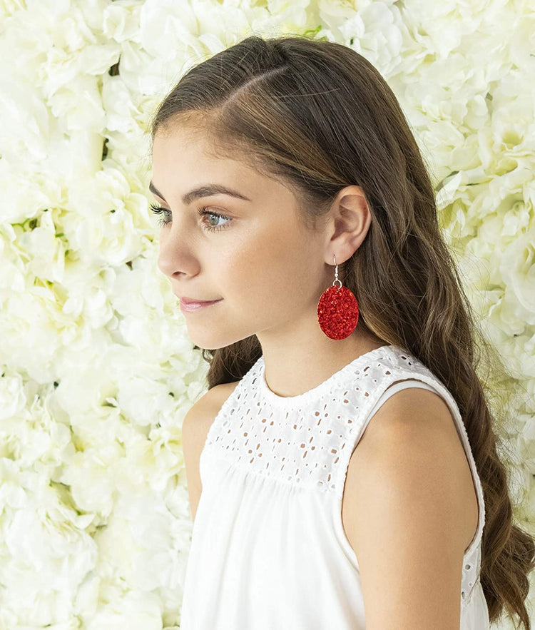 Red Glitter Faux Leather Oval Dangle Earrings